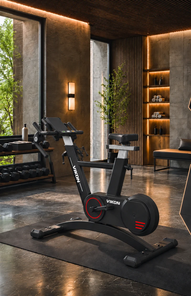 VIKON Bike s vlastním napájením v cyklistickém studiu s viditelným nastavitelným sedlem